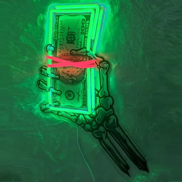 Neon Light Dollar Bill Holder - Skeleton Hand Design - Image 3