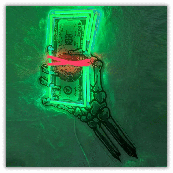 Neon Light Dollar Bill Holder - Skeleton Hand Design