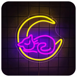 Vibrant Neon Cat and Moon Wall Art