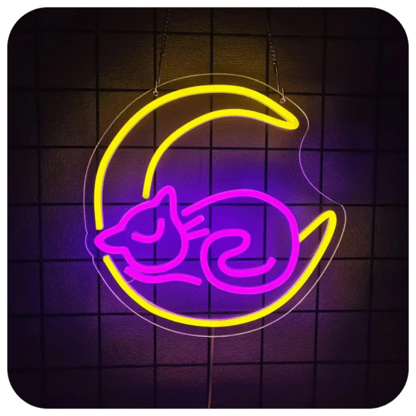 Vibrant Neon Cat and Moon Wall Art