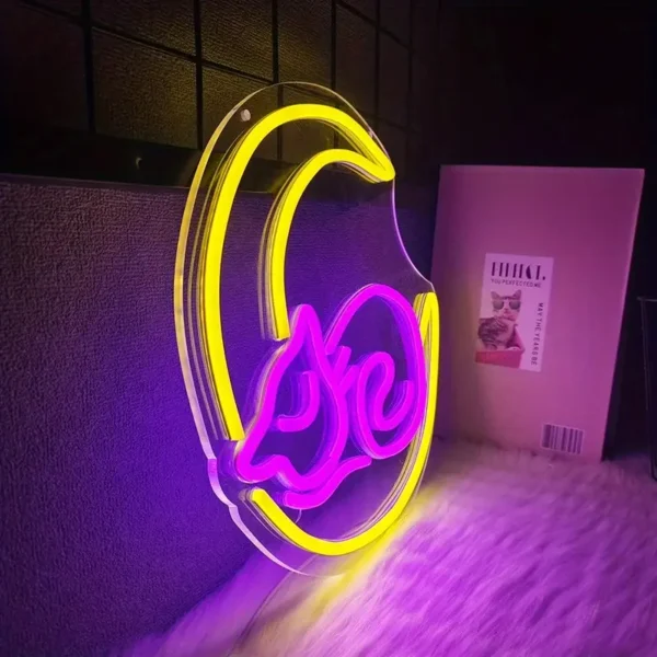 Vibrant Neon Cat and Moon Wall Art - Image 2