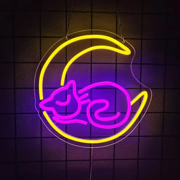Vibrant Neon Cat and Moon Wall Art - Image 3